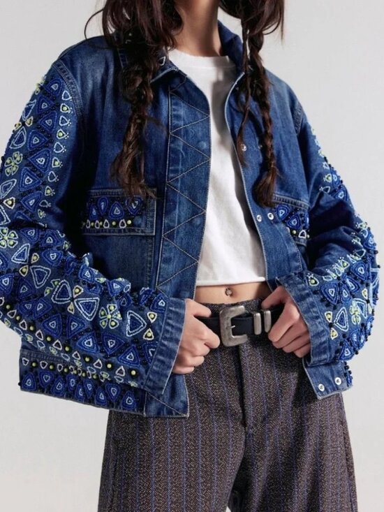 Free People Jackets & Blazers - NWT Free People Suzy Beaded Denim Jacket, LARGE